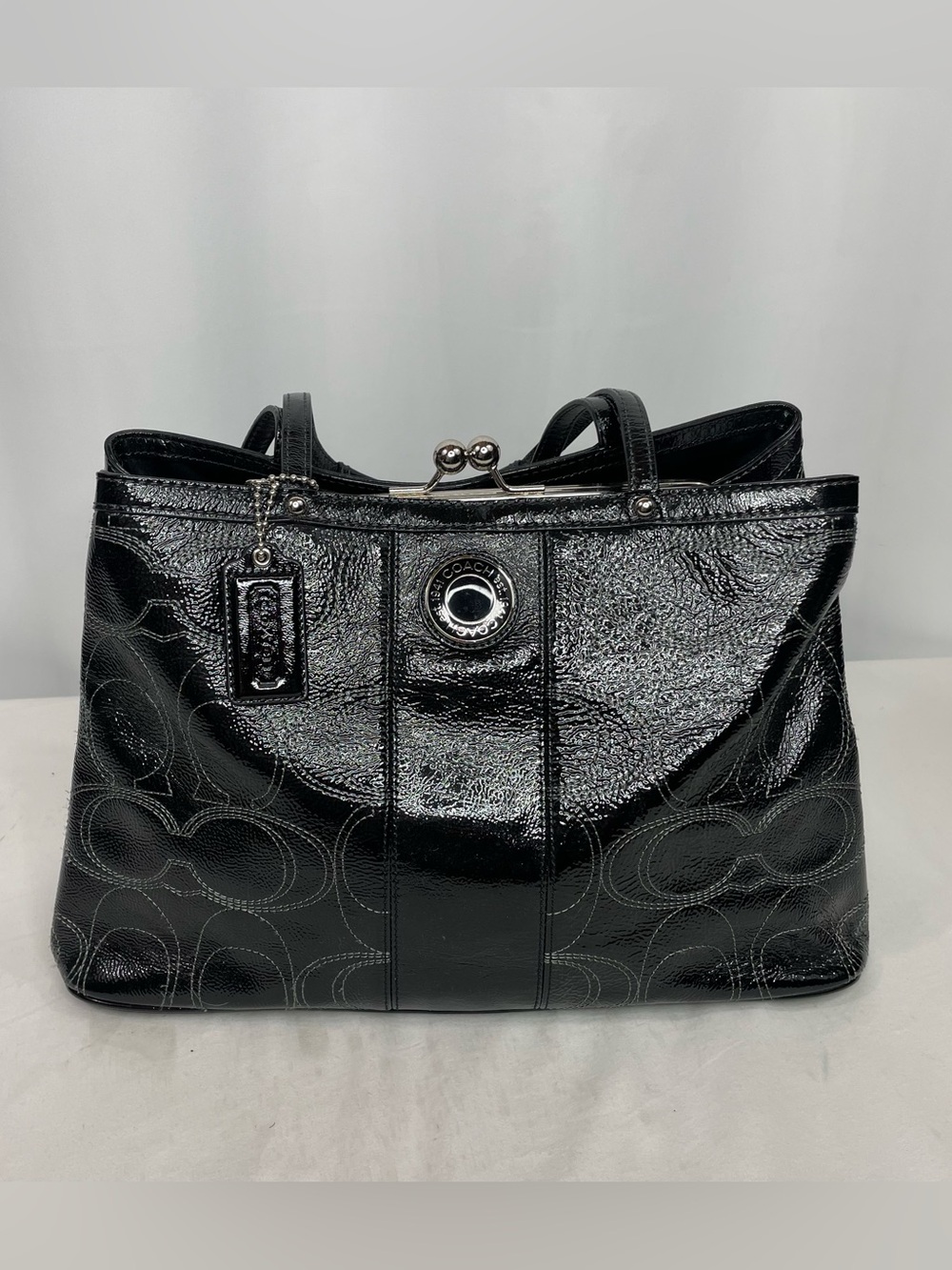 Coach F19215 Black Patent Leather Signature C Kisslock Tote Bag